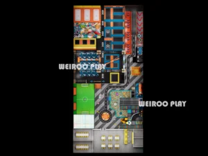 Top-down 3D layout of the 1100 m² (11,840 sq ft) "All-Star Adventure Park" (WRTP-004), showing the full layout for a 330-person capacity park. A Weiroo custom design.