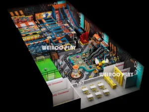 A detailed 3D render of the Weiroo "All-Star" park (WRTP-004), showing the trampoline courts and multi-sport zones.