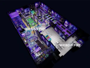 Main 3D design of the "Apex Adventure Park" (WRTP-010), a large 12,700 sq ft (approx. 1180 m²) custom commercial trampoline park equipment design by Weiroo.