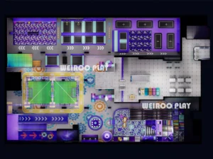 A detailed 3D render of the Weiroo "Apex" park (WRTP-010), showing the main trampoline courts and multi-colored attraction zones.