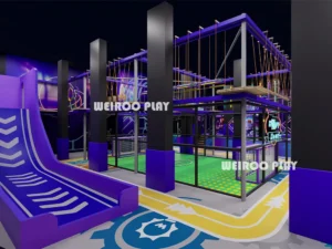 An angled view of the 1180 m² "Apex Adventure Park" (WRTP-010), a large-scale commercial trampoline park equipment solution by Weiroo.