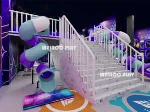 Weiroo's custom 3D design for the 12,700 sq ft "Apex" park (WRTP-010), focusing on the multi-level play structures and slides.