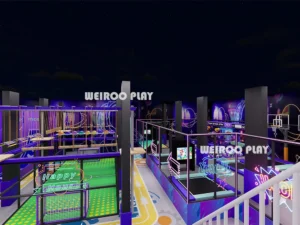 An overview of the "Apex Adventure Park" (WRTP-010), a 1180 m² custom park design by Weiroo for a 7m ceiling height.