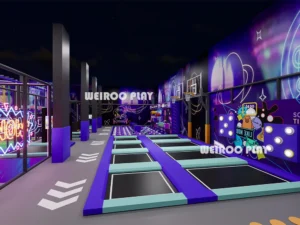 A 3D render of the 1180 m² "Apex Adventure Park" (WRTP-010) by Weiroo, focusing on the slide and soft play integration.