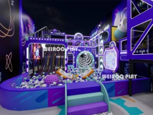 A side-view 3D render of the Weiroo "Apex Adventure Park" (WRTP-010), showing the pathways and various attractions.