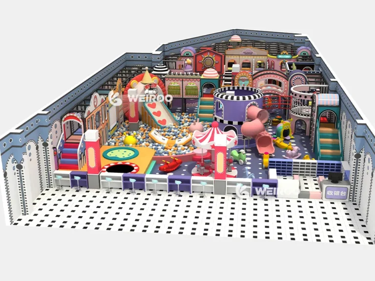 Main 3D design of the Candy Kingdom Play Structure (WRIP-013), a large 5920 sq ft (approx. 550 m²) custom commercial indoor playground equipment design by Weiroo.