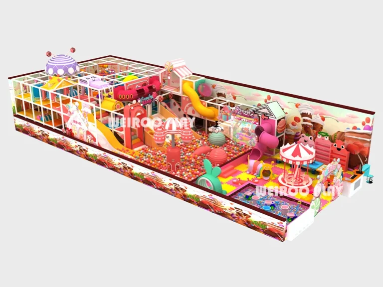Main 3D design of the Candy Dreamland Play Structure (WRIP-003), a 2700 sq ft (approx. 250 m²) custom commercial indoor playground equipment design by Weiroo.