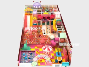 A side-view 3D render of the Weiroo Candy Dreamland (WRIP-003), a 5-meter high play structure with a capacity for 85 children, part of our commercial equipment line.