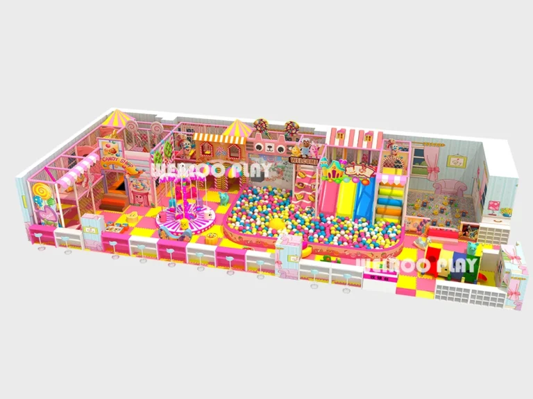 Main 3D design of the Sweetland Play Equipment (WRIP-005), a 1830 sq ft (approx. 170 m²) custom candy-themed commercial indoor playground equipment design by Weiroo.