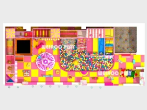 A 3.2m high candy-themed play structure (WRIP-005) by Weiroo, with a capacity for 55 children. Part of our custom commercial indoor playground equipment line.