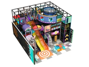 Main 3D design of the Candy Fun House Play Zone (WRIP-008), a 1180 sq ft (approx. 110 m²) custom commercial indoor playground equipment design by Weiroo.