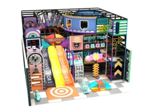 A 6m high candy-themed play structure (WRIP-008) by Weiroo, with a capacity for 35 children. Part of our custom indoor playground equipment line.