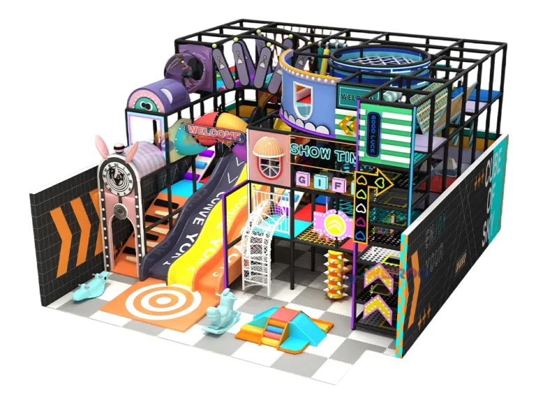 A side-view 3D render of the Weiroo Candy Fun House (WRIP-008), a 110 m² (1180 sq ft) project, showing the slide and multi-level play areas.