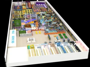 Main 3D design of "The Colossus" Mega Park System (WRTP-008), a 48,400 sq ft (approx. 4500 m²) custom commercial trampoline park equipment design by Weiroo.