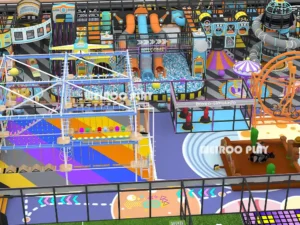 Top-down 3D layout of the 4500 m² (48,400 sq ft) "The Colossus" park (WRTP-008), showing the full layout for a 1500-person capacity park. A Weiroo custom design.