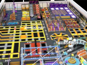 A detailed 3D render of the Weiroo "Colossus" park (WRTP-008), showing the extensive trampoline courts and multi-attraction zones.
