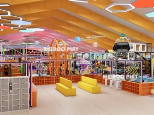 An angled view of the 4500 m² "The Colossus" park (WRTP-008), a massive-scale commercial trampoline park equipment solution by Weiroo.