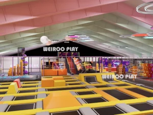 Weiroo's custom 3D design for the 48,400 sq ft "The Colossus" park (WRTP-008), focusing on the multi-level play structures and slides.