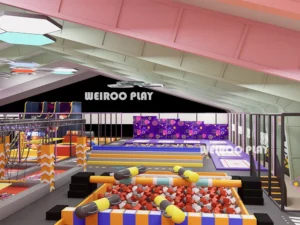 A 3D render showcasing the integration of trampoline courts and other attractions in the Weiroo "The Colossus" park (WRTP-008).