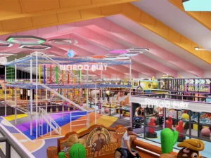 An angled view of the 1500-person capacity "The Colossus" park (WRTP-008), showcasing the scale of the custom play structures.