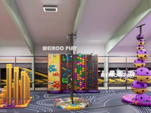 A 3D render of the 4500 m² "The Colossus" park (WRTP-008) by Weiroo, detailing the ninja course and climbing zones.