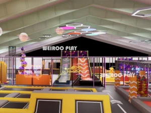 An overhead view of "The Colossus" park (WRTP-008) layout, a 48,400 sq ft commercial trampoline park equipment solution by Weiroo.
