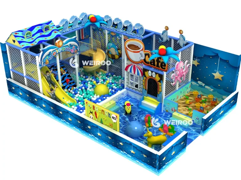 Main 3D design of the "Compact Ocean Play Area" (WRIP-016), a 645 sq ft (approx. 60 m²) custom commercial indoor playground equipment design by Weiroo.
