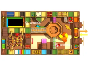 An angled view of the 220 m² (2370 sq ft) Wild West Adventure Zone (WRIP-010), part of Weiroo's commercial indoor playground equipment line.