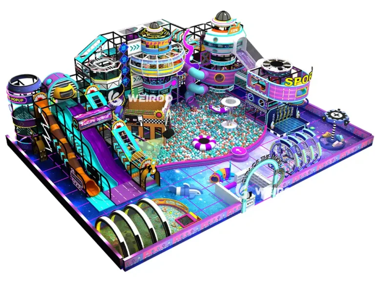 Main 3D design of the "Cyberpunk City" Play Structure (WRIP-015), a large 6460 sq ft (approx. 600 m²) custom commercial indoor playground equipment design by Weiroo.