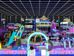 A 9m high cyberpunk-themed play structure (WRIP-015) by Weiroo, with a capacity for 200 children. Part of our custom commercial indoor playground equipment line.