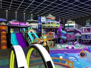 Top-down 3D layout of the 600 m² (6460 sq ft) "Cyberpunk City" (WRIP-015), showing the full layout for a 200-person capacity area. A Weiroo custom design.