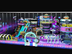 A detailed 3D render of the Weiroo "Cyberpunk City" (WRIP-015), an 600 m² project, showing the neon lighting and futuristic slides.