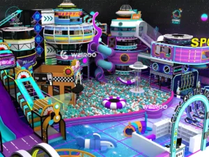 An angled view of the play events for the "Cyberpunk City" (WRIP-015), a large-scale 6460 sq ft custom play structure by Weiroo.
