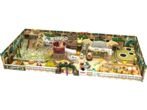 Main 3D design of the Dino Adventure Indoor Playground (WRIP-011), a 3770 sq ft (approx. 350 m²) custom dinosaur-themed commercial indoor playground equipment design by Weiroo.