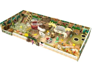 A side-view 3D render of the Weiroo Dino Adventure (WRIP-011), a 350 m² (3770 sq ft) project, showing the volcano slide and climbing elements.