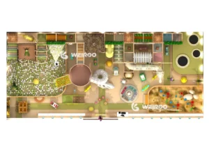 Top-down 3D layout of the Dino Adventure Indoor Playground (WRIP-011), showing the full layout for a 350 m² space. A Weiroo custom commercial design.