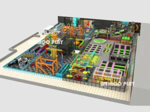 Full 3D design of the Epic Adventure Trampoline Court (WRTP-001), a massive 28,000 sq ft (approx. 2600 m²) custom commercial trampoline park equipment design by Weiroo.