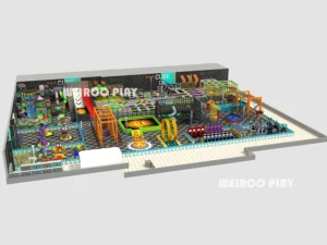 A 7m high custom trampoline park structure (WRTP-001) by Weiroo, with a massive capacity for 850 people. Part of our professional court systems line.