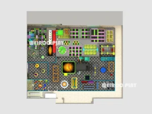 Top-down 3D layout of the 2600 m² (28,000 sq ft) Epic Adventure Court (WRTP-001), showing the full layout for an 850-person capacity park. A Weiroo custom design.