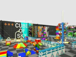 A detailed 3D render of the Weiroo Epic Adventure Court (WRTP-001), showing the main free-jump areas and angled wall tramps.