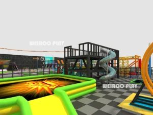 A close-up view of the entrance and jump zones for the 2600 m² Epic Adventure Trampoline Court (WRTP-001) by Weiroo.