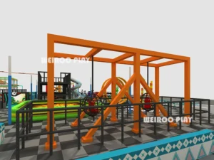 Angled view of the professional trampoline court system (WRTP-001), designed by Weiroo for high-capacity (850 people) commercial parks.