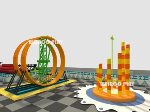 Detailed view of the jump platforms and attractions within the 28,000 sq ft Epic Adventure Trampoline Court (WRTP-001) by Weiroo.