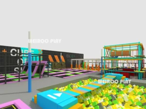 Angled view of the 2600 m² Epic Adventure Trampoline Court (WRTP-001) by Weiroo, highlighting the main jump area and pathways.