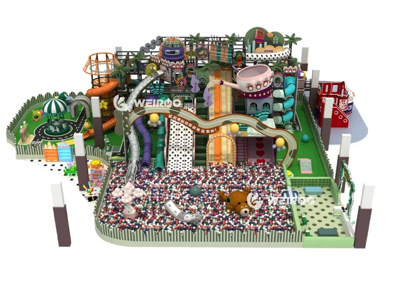 Main 3D design of the Forest Kingdom Play Structure (WRIP-012), a massive 9150 sq ft (approx. 850 m²) custom commercial indoor playground equipment design by Weiroo.