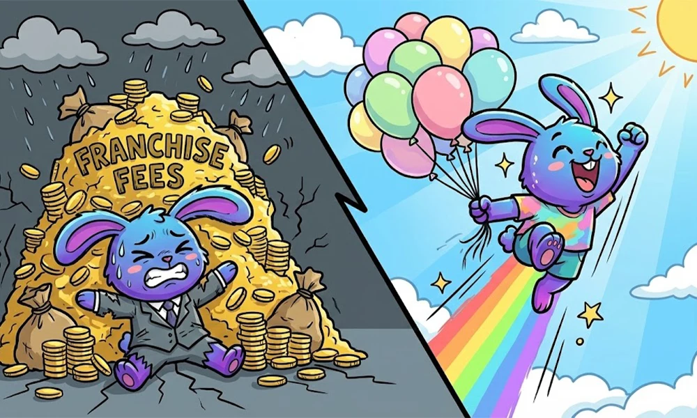 Contrast illustration showing a stressed business owner crushed by franchise fees versus a happy independent owner flying freely.