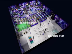 Main 3D design of the "Galaxy Jump Zone" (WRTP-011), a large 14,530 sq ft (approx. 1350 m²) custom commercial trampoline park equipment design by Weiroo.