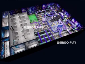 A 7m high custom trampoline park structure (WRTP-011) by Weiroo, with a massive capacity for 450 people. Part of our professional jump zone line.