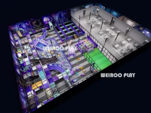 Top-down 3D layout of the 1350 m² (14,530 sq ft) "Galaxy Jump Zone" (WRTP-011), showing the full layout for a 450-person capacity park. A Weiroo custom design.