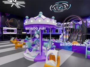 An angled view of the 1350 m² "Galaxy Jump Zone" (WRTP-011), a large-scale commercial trampoline park equipment solution by Weiroo.